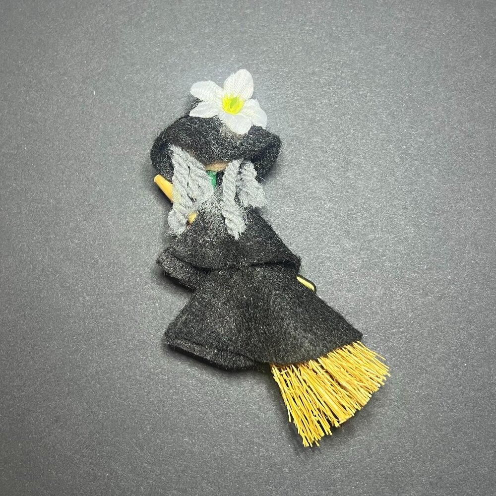 Vintage Handmade Black Cloaked Witch on a Flying Broom Halloween Brooch 3.5"